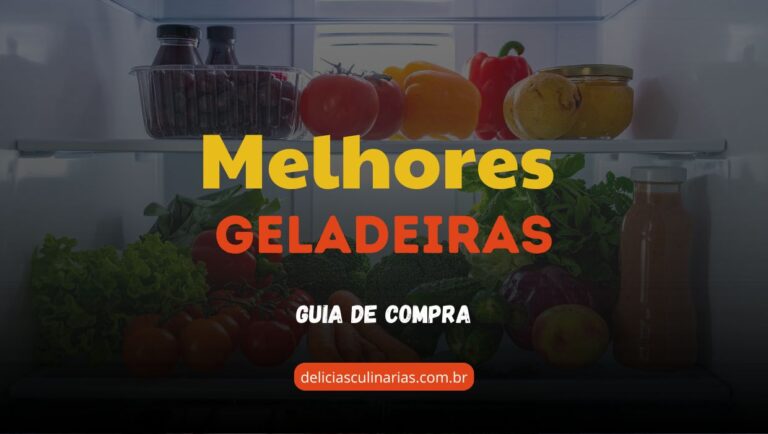 Capa de guia de compra das melhores geladeiras, com alimentos organizados no interior de uma geladeira e o texto "Melhores Geladeiras".